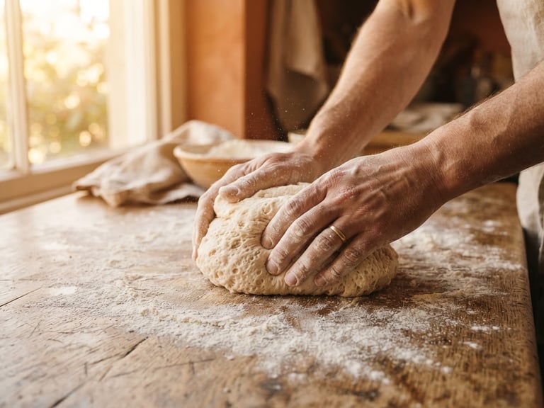 Close-up of hands covered in flour gently kneading sourdough on a heavy wooden table, warm golden morning light streaming through a window, 35mm film look.