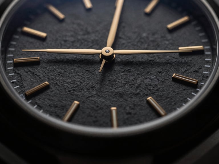 Macro overhead shot of a luxury watch dial, subtle gold indices, slate-textured face, emerging from deep shadows, on black slate, moody studio lighting.