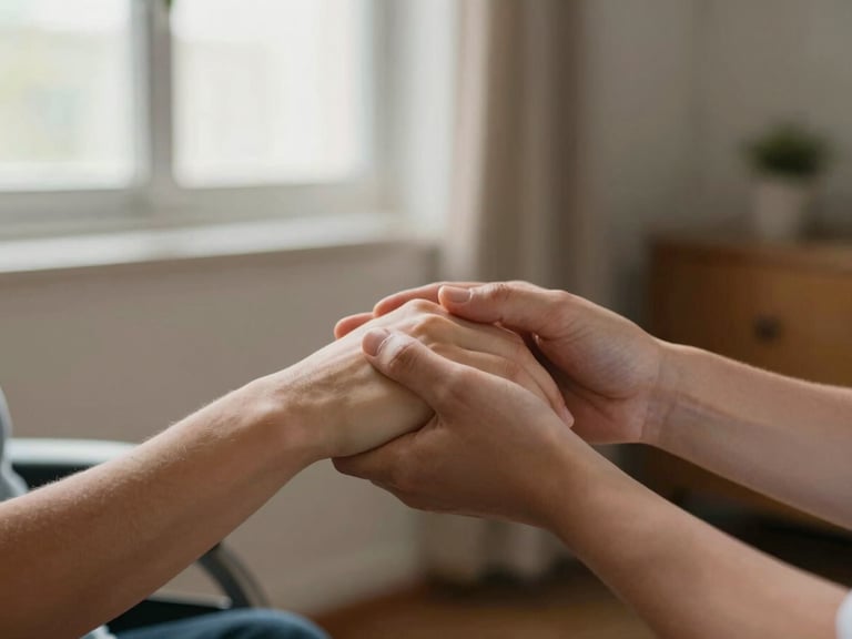 Mãos de um cuidador segurando as mãos de uma pessoa com deficiência, em ambiente doméstico iluminado, foco na conexão e apoio.