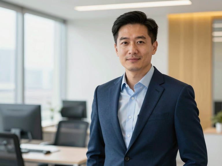 Professional portrait of a male finance director in a bright Toronto office setting, clean daylight, warm gold accents in the background, sharp focus.