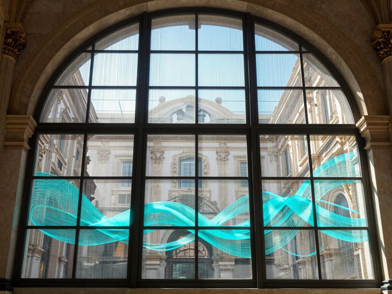 Symmetrical daytime shot of a monumental arched glass window on Via del Corso, Rome. The flexible LED film is active with bright cyan abstract fluid graphics, sunlight streaming through the transparent mesh into the luxury interior.