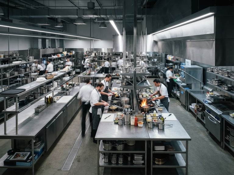 Sharp industrial photography of a massive commercial kitchen setup with brushed stainless steel counters, cool metallic lighting, 50mm architectural angle