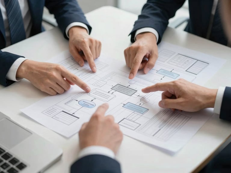 Overhead shot of a professional meeting table with flowcharts and diagrams, hands pointing at a specific section, crisp corporate lighting.