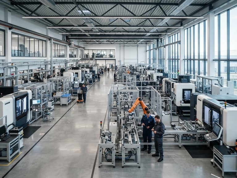 Wide shot of a modern, high-tech manufacturing floor with precision machinery, bright corporate lighting, sharp focus, architectural depth of field.
