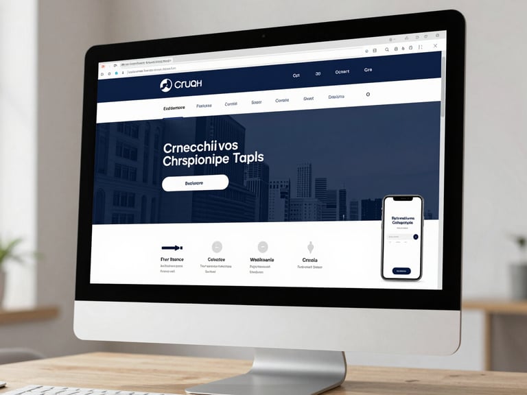 Desktop computer monitor displaying a professional blue and white website design with a mobile app preview.