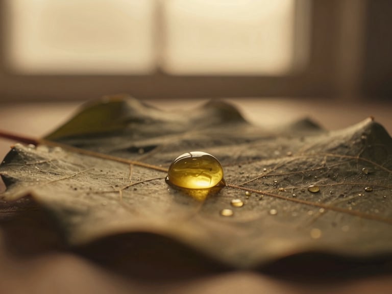 Macro shot of golden cold-pressed botanical oil droplets on a dark leaf, soft golden-hour light