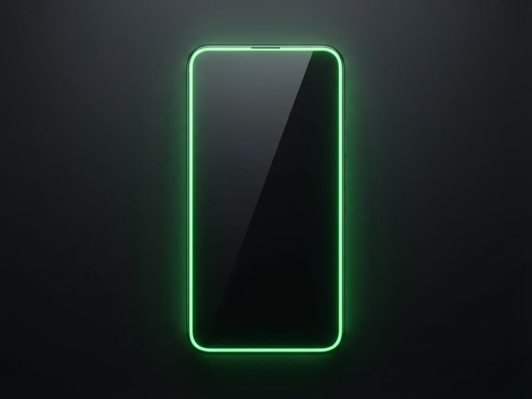 Sleek 3D render of a clean Android device mockup, front-on alignment, glowing neon green edges, dark charcoal background, high-contrast studio lighting