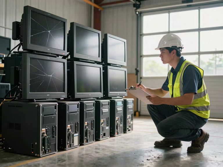 Environmental wide shot of a surveyor crouching beside stacked damaged equipment — cracked monitors and dented CPU towers — on a warehouse floor, clipboard in hand, natural daylight from loading bay door to the right