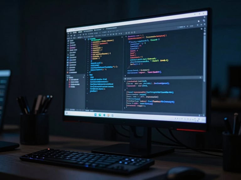 Macro shot of a high-end physical workspace at night, single sleek monitor displaying clean code and analytics, low-key dramatic blue side-lighting, deep shadows