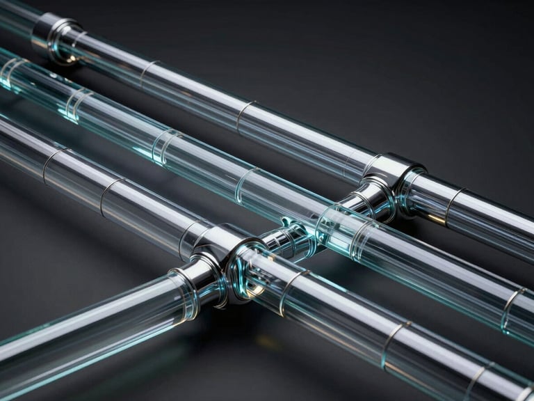 Abstract 3D render of structured glass and chrome pipelines representing data flows, dark obsidian background, sharp reflective highlights, low-key lighting, 16:9 landscape aspect.