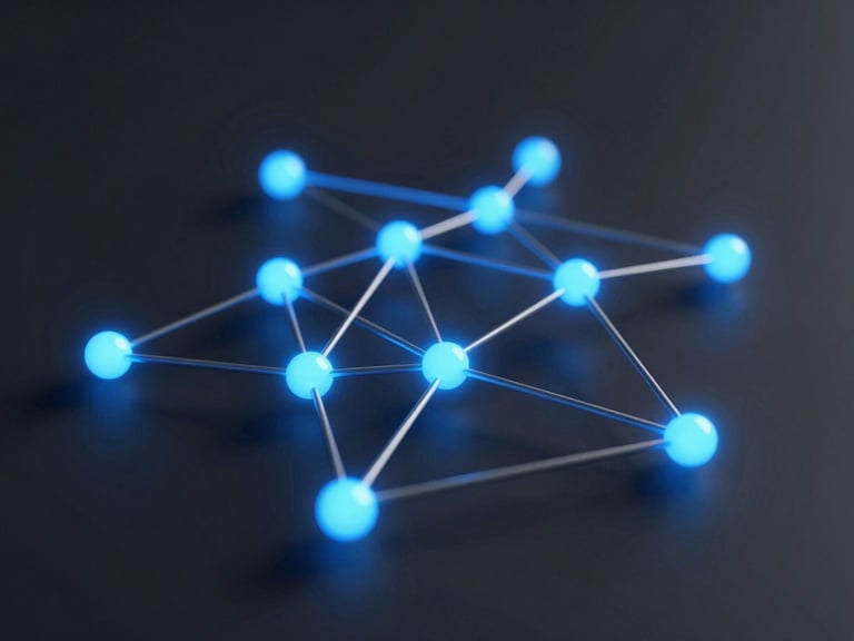 Abstract 3D render of interconnected network nodes glowing with electric blue light against a deep charcoal background, clean geometric lines