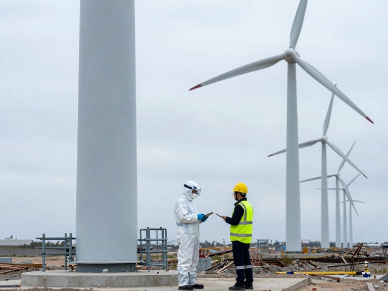 Industrial wind farm construction site under overcast daylight, a professional HSE consultant in high-spec clean PPE inspecting turbine foundations, muted steel blues, 35mm
