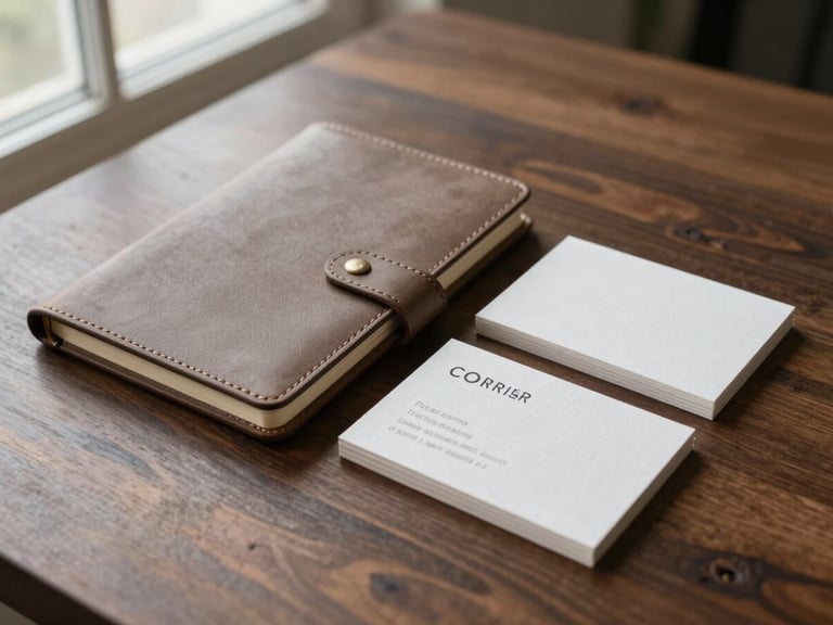 Tactile corporate collateral including an embossed leather notebook and linen paper business cards resting on a dark walnut table under soft window light.