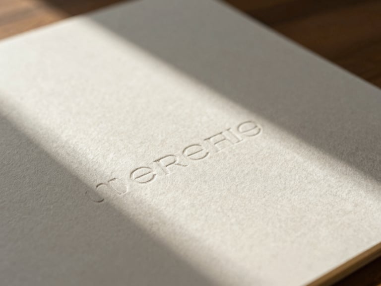 A close-up macro shot of heavy cotton paper stationery with blind debossed typography, casting soft long shadows in warm morning window daylight.