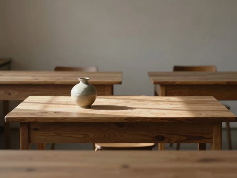 A quiet, warm creative studio interior with empty wooden desks, a single ceramic vase, and soft daylight casting long gentle shadows.