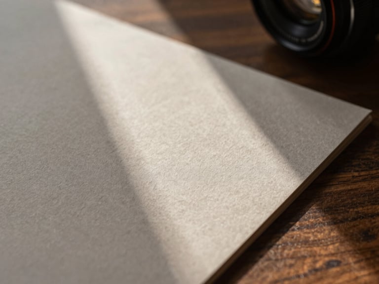 Close-up macro shot of heavy embossed stationery on a dark walnut table, soft indirect window daylight casting long shadows, 50mm lens