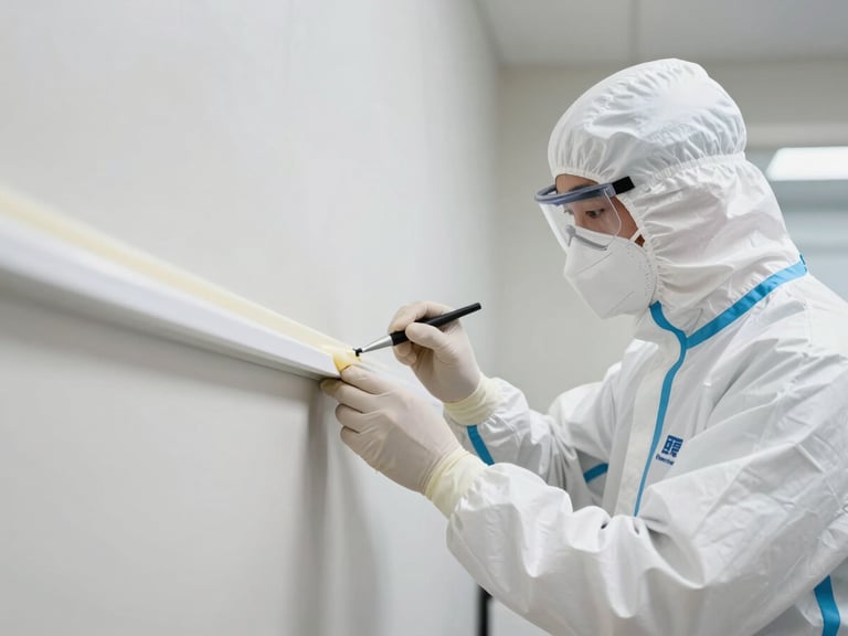 A professional technician wearing clean white branded protective gear and mask, applying a precise chemical barrier to a modern wall baseboard, bright professional lighting.