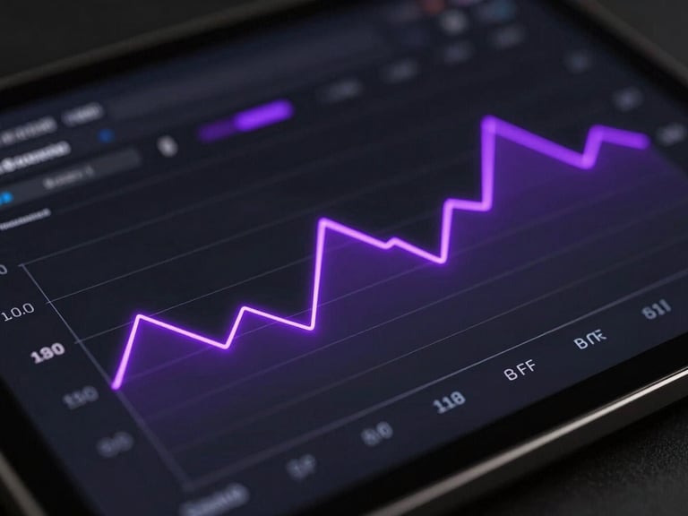 High-fidelity UI mockup of a system performance graph on a dark screen, glowing electric-violet data lines, high-contrast matte black surface, macro lens.
