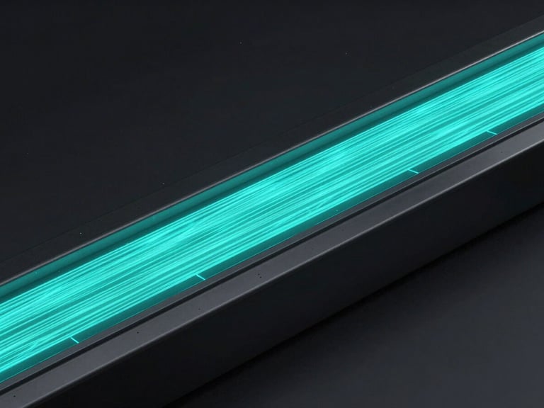 Abstract 3D render of a data pipeline with vibrant neon-cyan pulses flowing through a dark metallic channel, sleek low-key studio lighting.