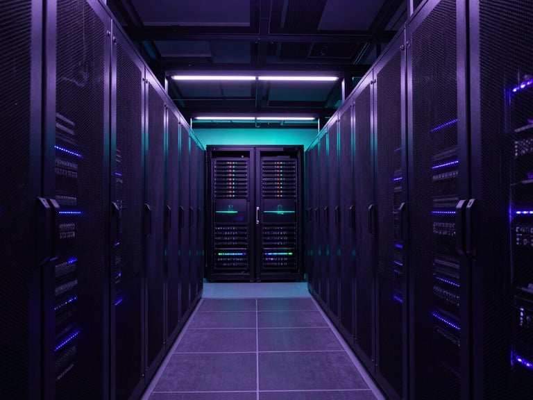 Wide, symmetrical architectural shot of a modern data center, sharp violet edge-lighting, deep shadows.