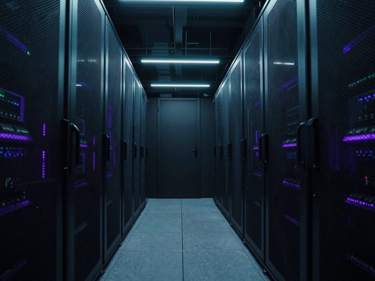 Architectural lines of a modern data center, symmetrical, sharp cyan and violet edge-lighting, dark slate tones, wide shot