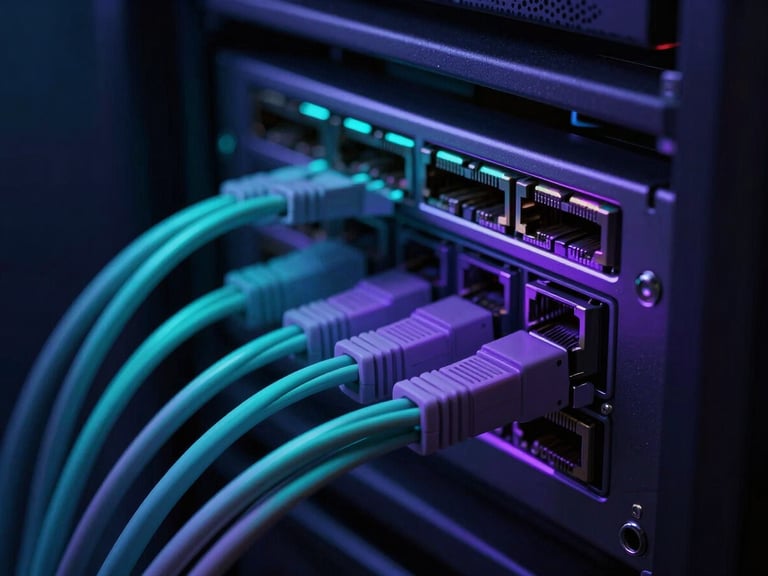 Close-up of a server rack's network cables, glowing cyan and purple, clean cable management, dark slate background, low-key dramatic studio lighting