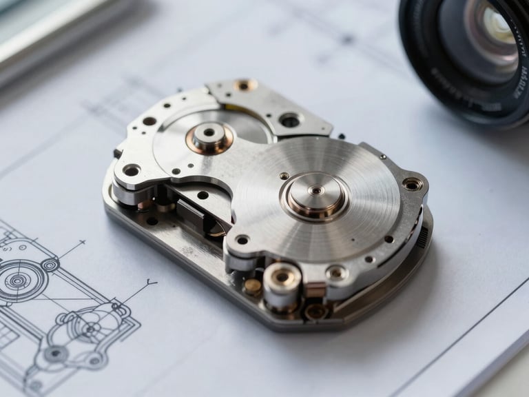 Macro close-up of a high-precision mechanical blueprint overlaying a clean, clinical workspace with sharp daylight, high contrast