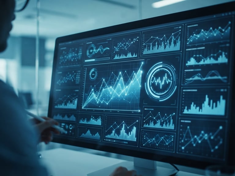 Close-up of a modern executive dashboard displaying real-time system metrics with clean blue and cyan graphs, cool ambient lighting, professional depth of field, 35mm