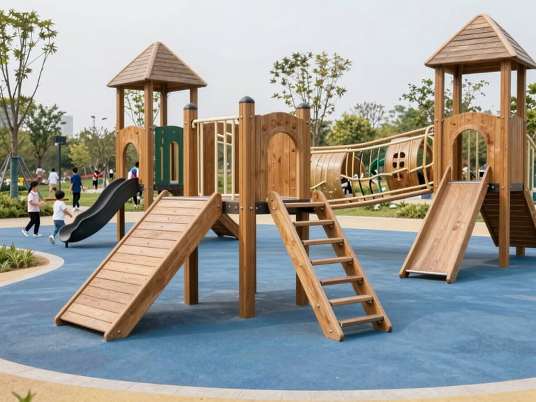 Wide environmental shot of a newly renovated public park playground with wooden climbing structures under soft overcast daylight, children playing in the background