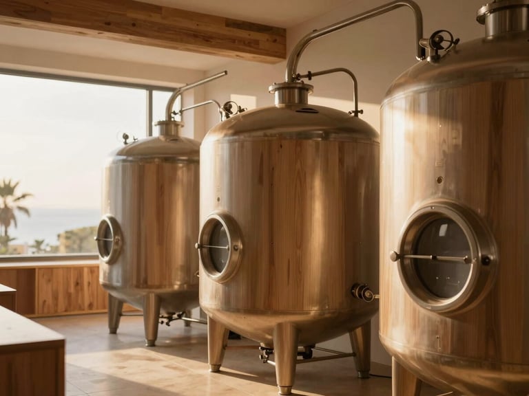 Sleek modern fermentation tanks in a sunlit, clean industrial space with warm wood accents, editorial architectural photography.