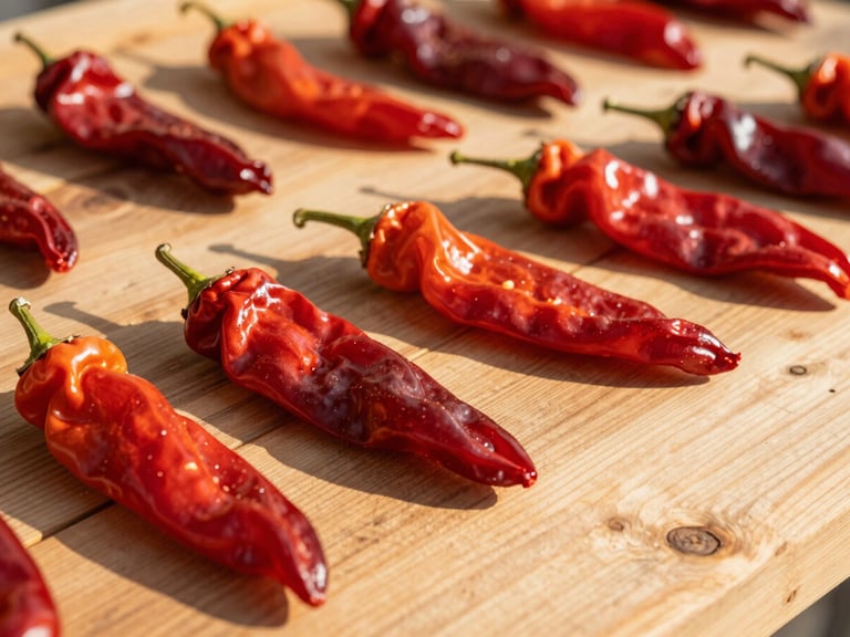 Close-up of vibrant red peppers drying under the Mediterranean sun on a warm pine wooden surface, shallow depth of field.