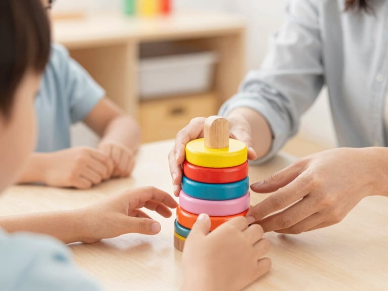 Close-up shot of a teacher's hands gently guiding a child's hands to stack colorful wooden rings, warm natural lighting, clean and organized classroom background.