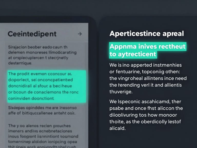 Sleek split-screen interface showing side-by-side comparison of legal indictment text and generated appeal arguments, glowing teal highlights, macro shot