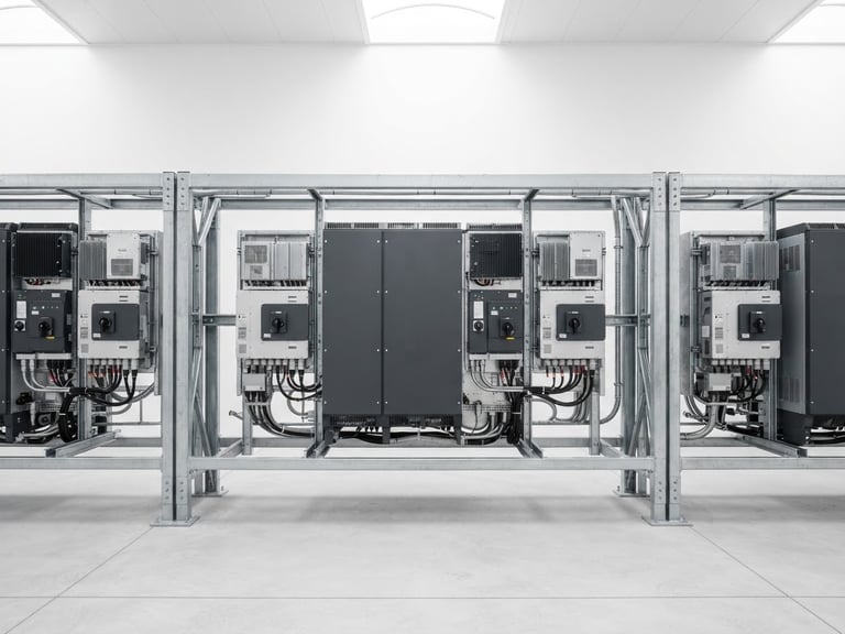 Straight-on studio shot of industrial solar inverter racks, high-contrast clean white background, sharp daylight lighting, architectural lens
