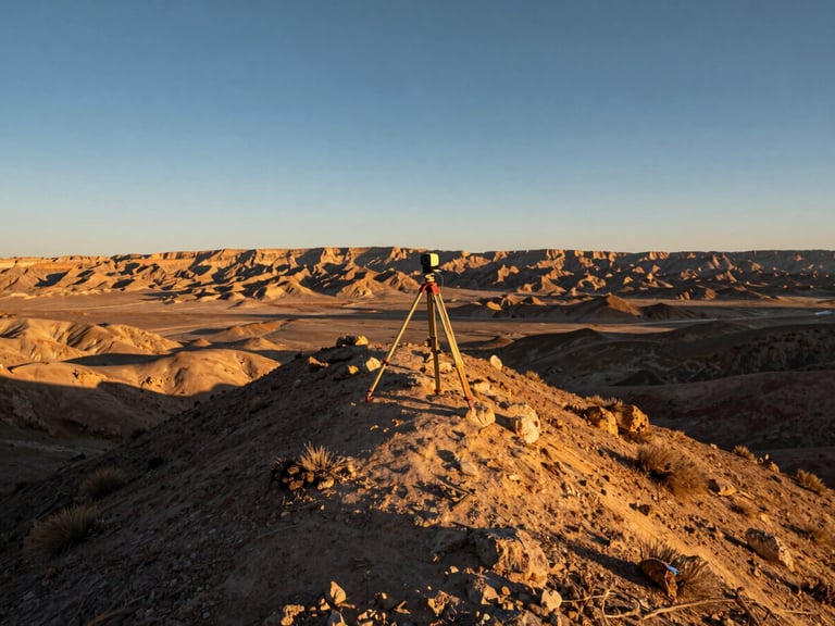 Wide panoramic Utah desert, a surveyor's tripod and equipment on a ridge at golden hour, low sun, long shadows, rugged terrain