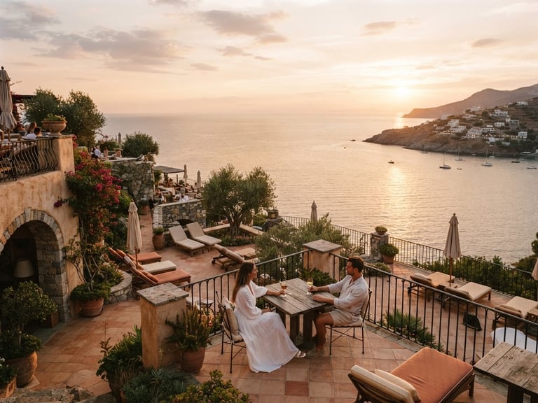 Wide environmental shot of a sun-drenched luxury resort terrace overlooking a calm ocean at golden hour, warm 35mm film aesthetic, rich terracotta tones.
