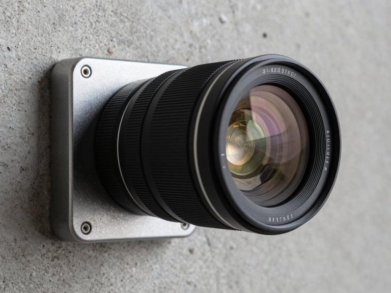 Close-up corner-angle shot of a precision camera lens mounted on a brushed-metal bracket against a concrete wall, cool shadowless studio-quality light revealing the lens glass detail and housing texture, no people, tight environmental framing