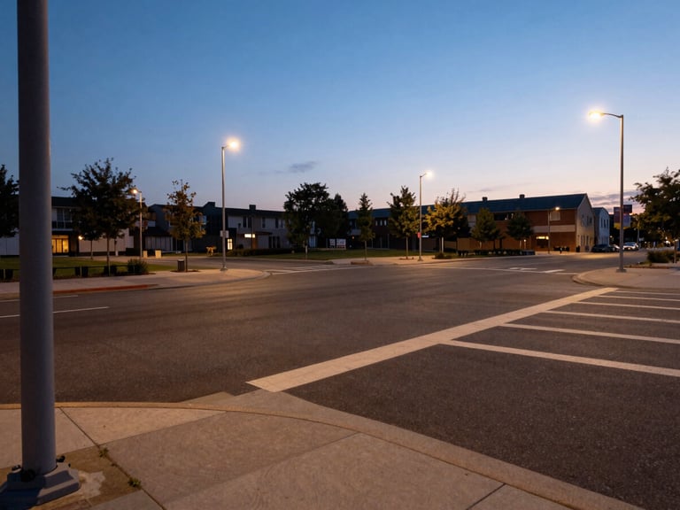 Wide environmental shot from a camera vantage point at a street intersection corner, looking diagonally across an empty urban plaza at dusk, streetlights beginning to activate, precise cool shadows, the camera bracket visible at the left edge of frame, no people, controlled and observant atmosphere