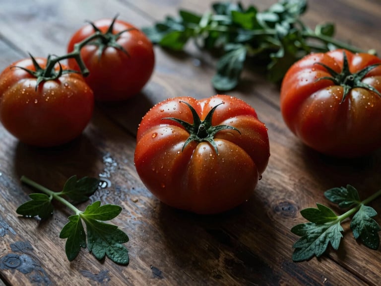 Overhead shot of freshly harvested heirloom tomatoes and herbs on a rustic wooden table, moody shadows, soft morning side-light, 35mm.
