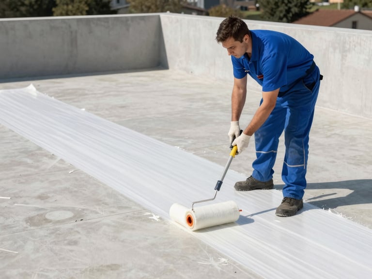 A professional technician applying a thick white elastomeric waterproofing membrane to a spacious concrete villa terrace with a roller, bright midday sun