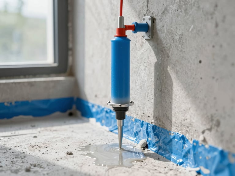 Close-up of a damp-proof course chemical injection process inside a residential room, showing technical precision, bright natural lighting