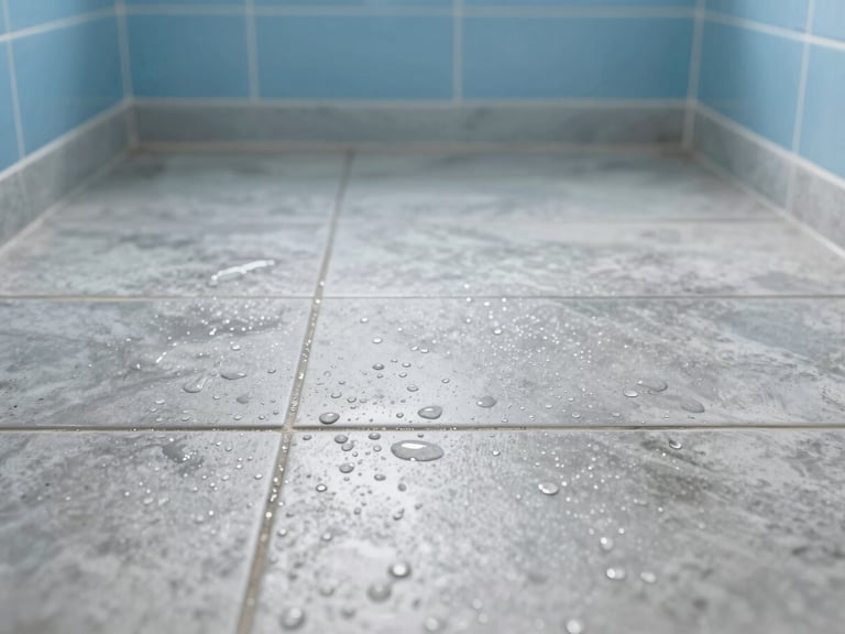 A modern, clean bathroom floor with water droplets beading perfectly on the tile joints, showing hydrophobic protection, crisp focus