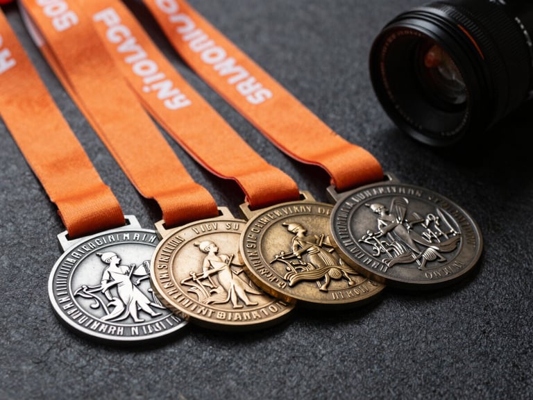 Crisp detail shot of custom metal medals with orange ribbons arranged neatly on a dark textured surface, dramatic side lighting highlighting the metallic textures.