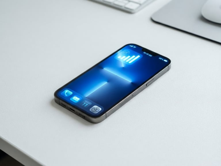 A modern smartphone lying on a clean workspace with high-key studio lighting, displaying a vibrant signal indicator, professional tech blue tones, sharp focus.