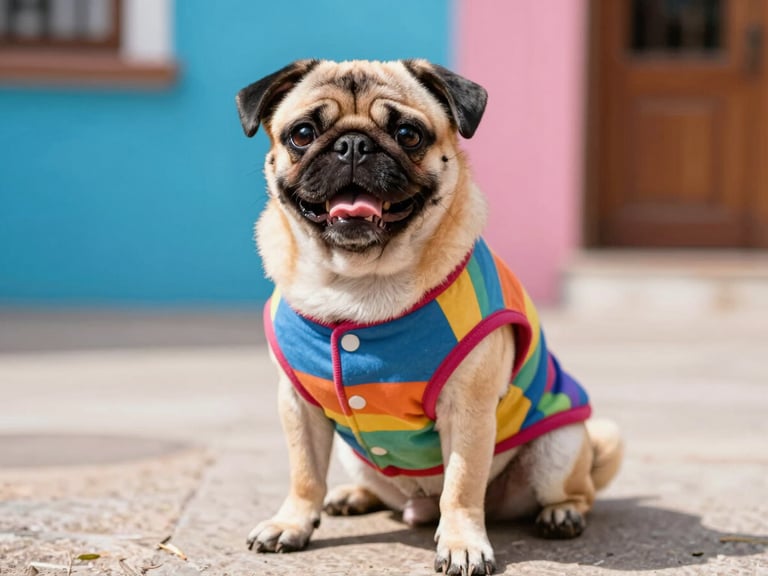 Un perro pug feliz vistiendo una sudadera colorida hecha a la medida, sentado en un patio soleado de Celaya, fotografía nítida a nivel de ojos