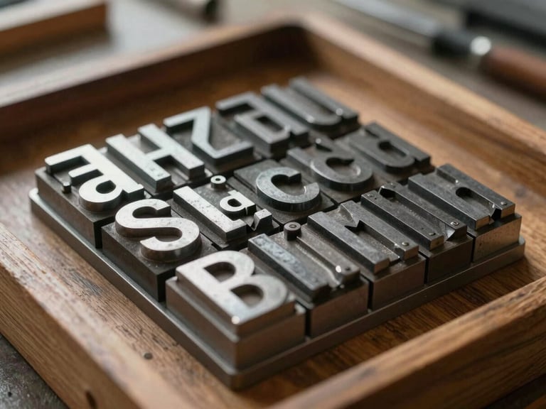 A close-up photograph of a letterpress print workshop in the UK, metal type blocks arranged on a wooden tray, warm side lighting.