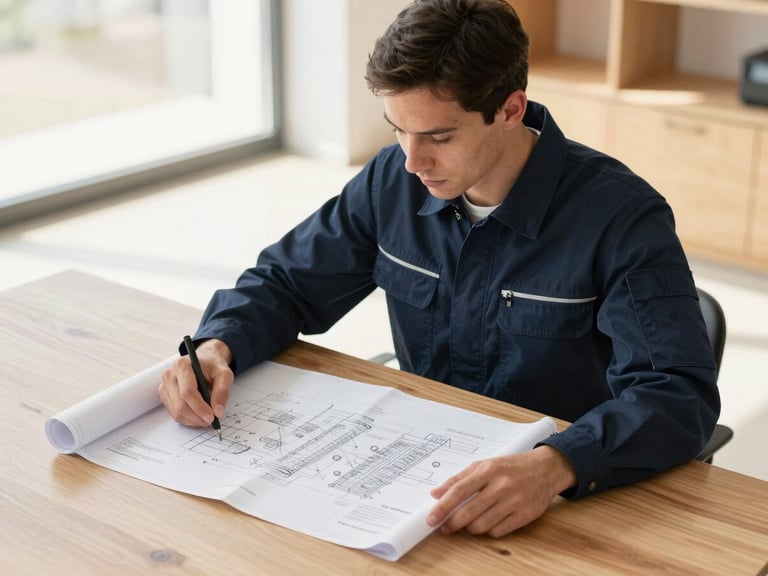 Professional engineer in a clean navy uniform reviewing a technical blue heating schematic blueprint on a modern wooden desk, warm side lighting, sharp focus, 35mm