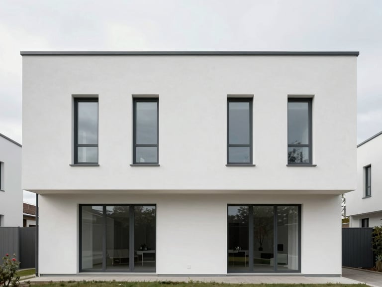 Straight-on architectural elevation of a modern villa in Uccle, flawless white crépi facade, clean charcoal window frames under soft Belgian overcast sky.