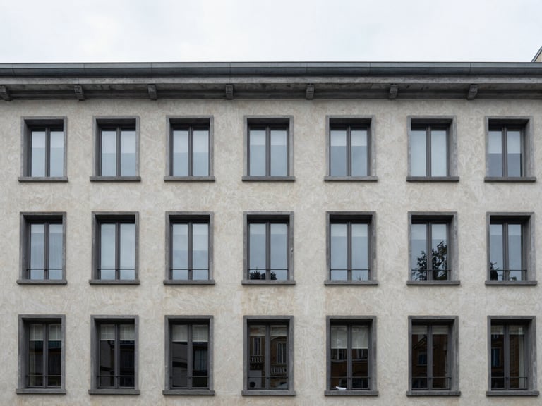 Crisp architectural photography, freshly rendered facade against Brussels architecture, natural overcast daylight, sharp focus, 35mm lens.