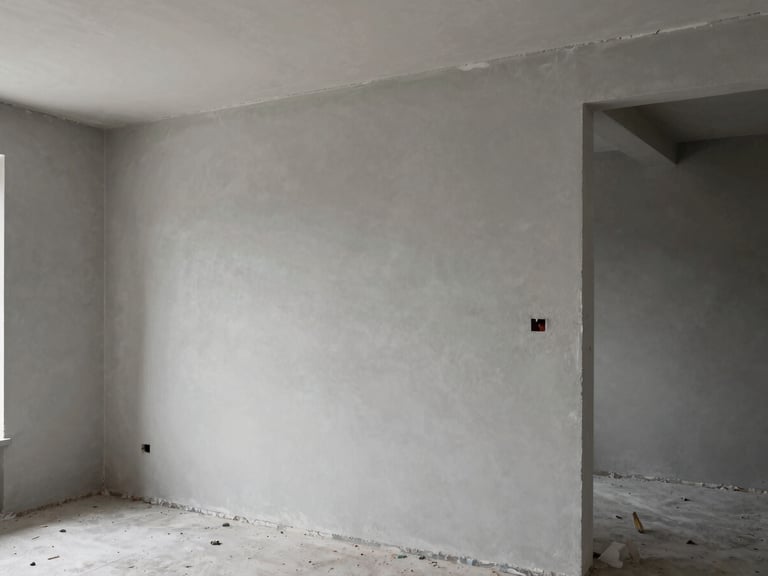 Crisp architectural photography, sharp drywall joints in a modern unfinished room, desaturated slate tones, natural overcast daylight, 35mm lens.